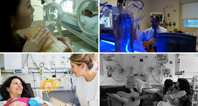 Collage of images of music therapy with newborn babies