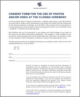 Consent form for the use of photos and video